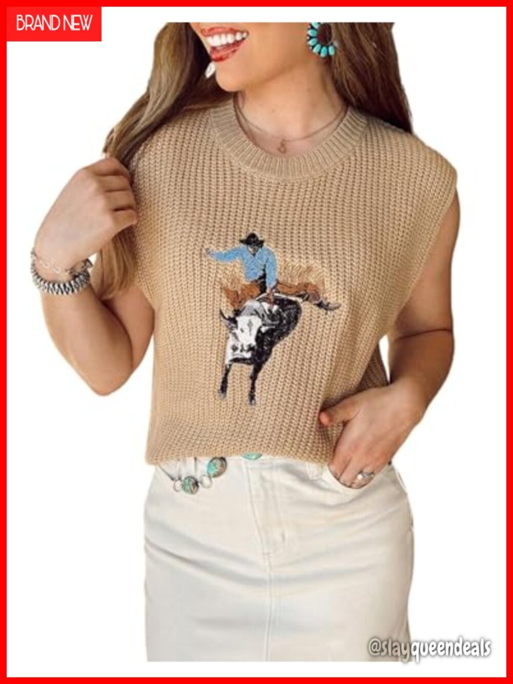 Western Sweater Vest Women Cowboy Knit Crewneck Sleeveless Tank Top